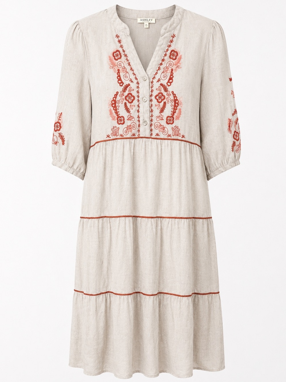 Fig + Flower Embroidered Midi Dress Medium Boho Tiered Prairie Cottagecore Dress - Picture 2 of 6